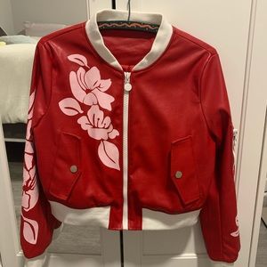 Red fake leather jacket with pink flowers